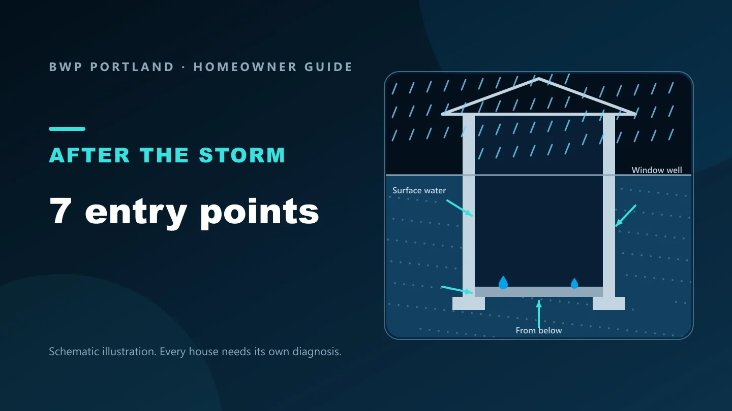Diagram of seven ways water in basement after heavy rain gets in, from gutters to the sewer line